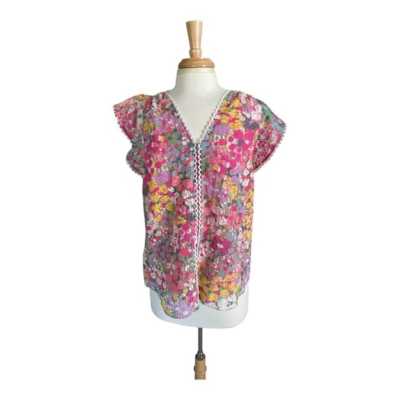 Kate Spade Floral Burnout Top | V-Neck Lace Trim Multicolor Size M - Picture 4 of 7
